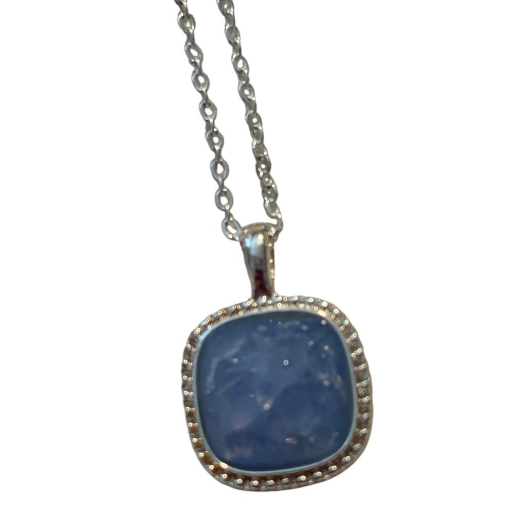 Silver‎ Tone Necklace with Light Blue Square Pendant Women's Jewelry